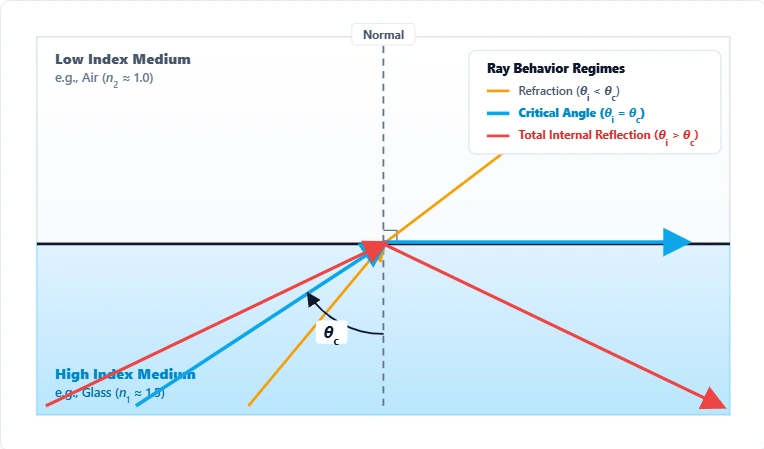 Diagram illustrating refraction, the critical angle, and Total Internal Reflection (TIR)