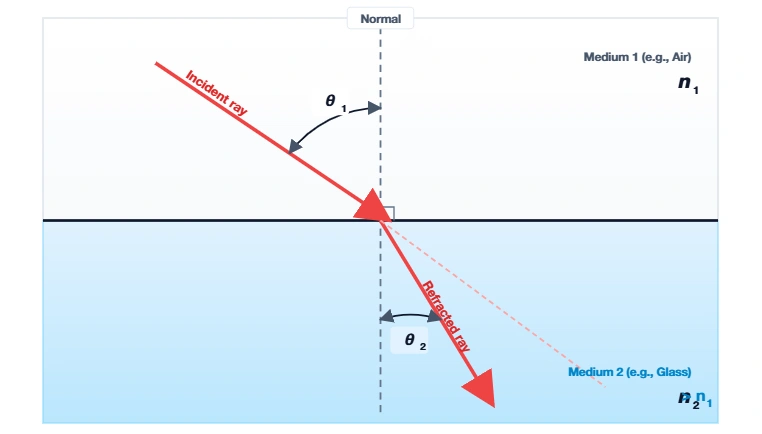 Snell's law diagram showing light refracting across a boundary between two media with different refractive indices