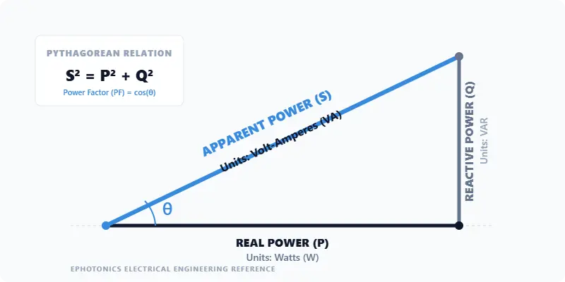 The Power Triangle showing the relationship between Real Power (Watts), Reactive Power (VAR), and Apparent Power (VA). The angle between Real and Apparent power represents the Power Factor, helpful for ohms to volt calculation .
