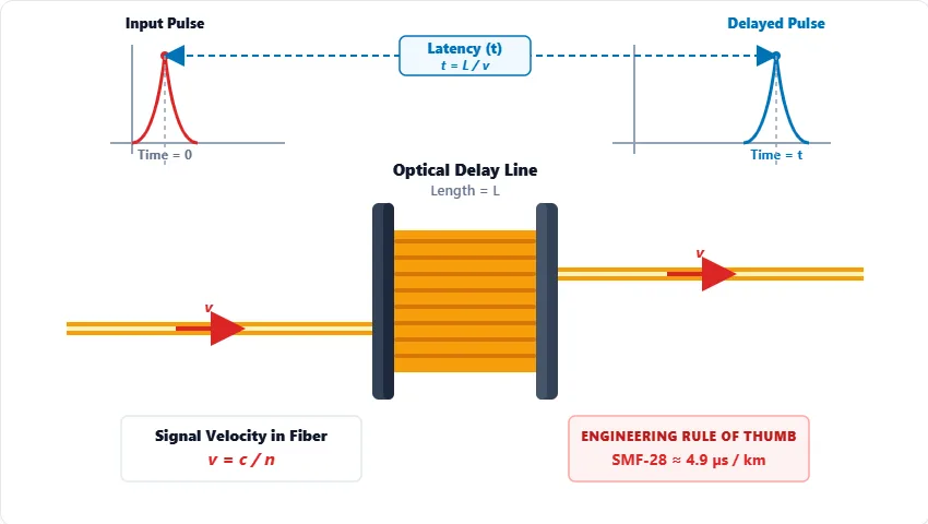 Diagram showing light propagating through a standard SMF-28 optical fiber spool and experiencing signal delay (optical fiber latency)