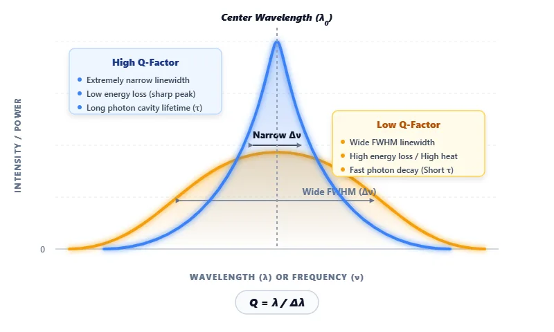 Diagram showing the Q-factor measured on an optical spectrum using FWHM linewidth