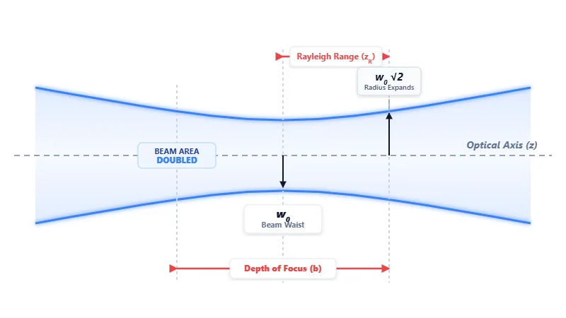 Diagram showing the Rayleigh Range and Depth of Focus of a Gaussian Laser Beam