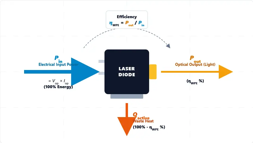 Energy flow diagram showing electrical input splitting into optical output and waste heat showing how wall-plug efficiency is affected