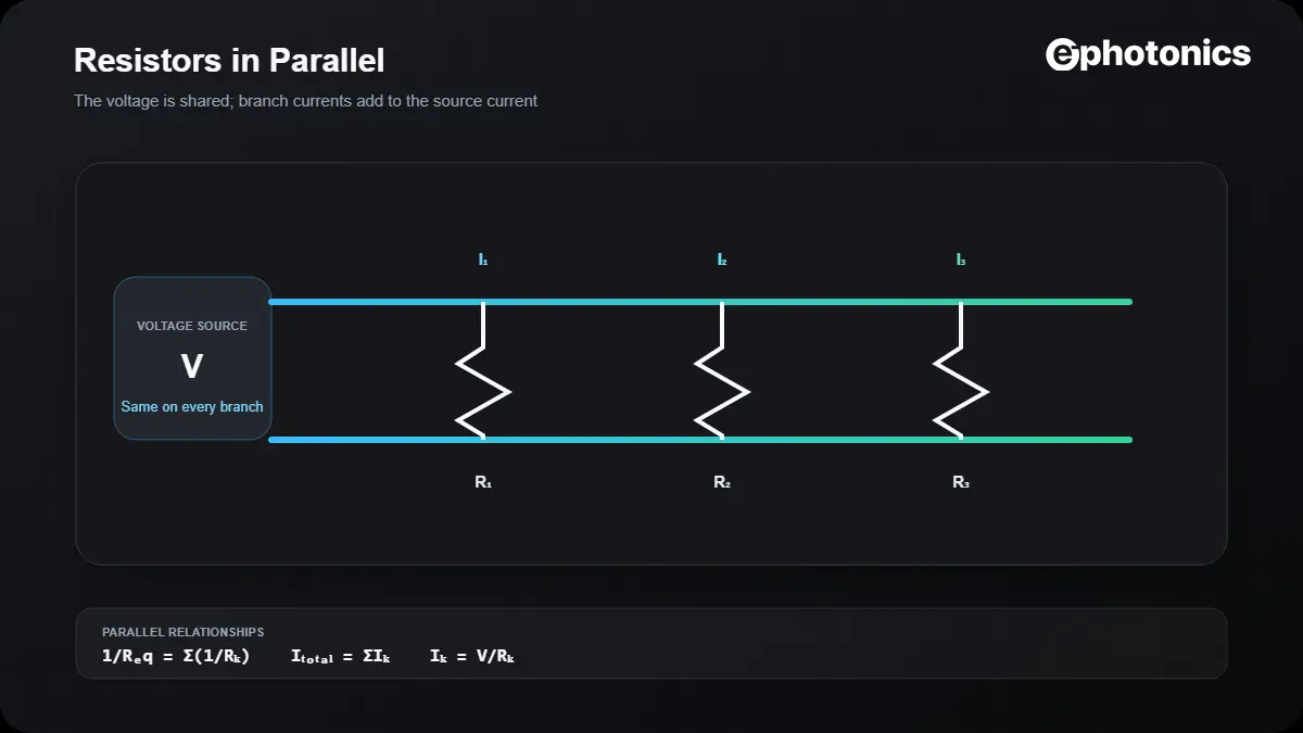 Parallel circuit with three resistor branches connected across the same voltage source