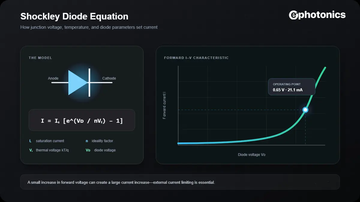 Shockley diode equation with a diode symbol and exponential forward current-voltage curve.
