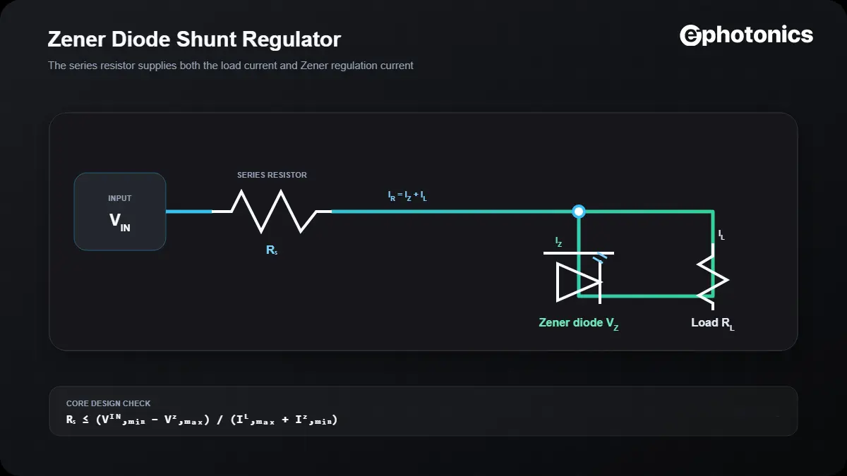 Zener diode shunt regulator with a series resistor and load